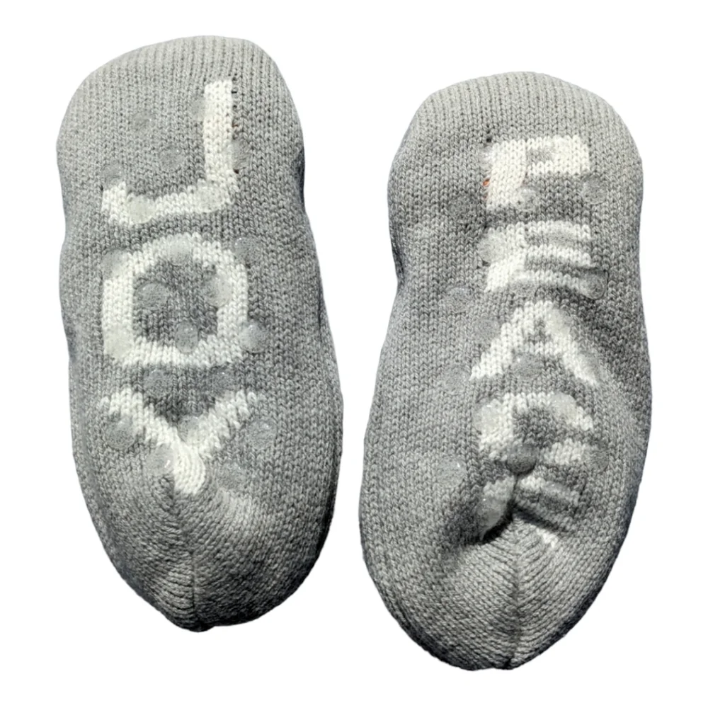 Gymboree S 5-6 Joy/Peace Bear Knit Grey Slippers W/ Nonslip Sole